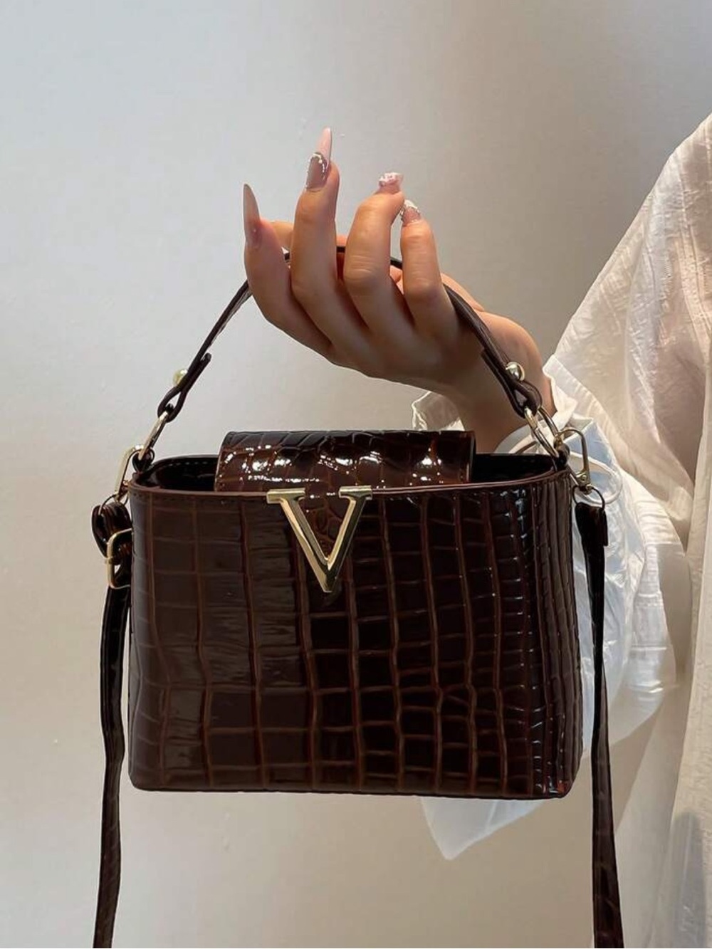 Croc-Embossed Brown Top-Handle Satchel with Gold V Accent